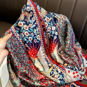 Alta calidad nuevo suave grande 180*90CM bufandas de seda Hijabs elegante flor de loto impreso bufanda de seda chal de playa envoltura para la cabeza para mujeres