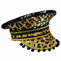Chapeau de Capitaine à Paillettes Imprimé Léopard avec Strass pour Enterrement de Vie de Jeune Fille, Festival Burning Man, Fait Main, Style Punk Rave Coachella, Vente Directe Usine
