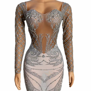 AD1350 Kimshein Abito <span class=keywords><strong>da</strong></span> Donna Corto Sensuale a Maniche Lunghe Mini Trasparente in Rete Argento con Diamanti per Serate ed Eventi - Product Image 1