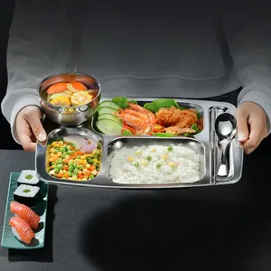 Factory School Hospital Food Plate Metal Stainless Steel 5 Compartments Lunch Plate With Divider Student Dining Plate