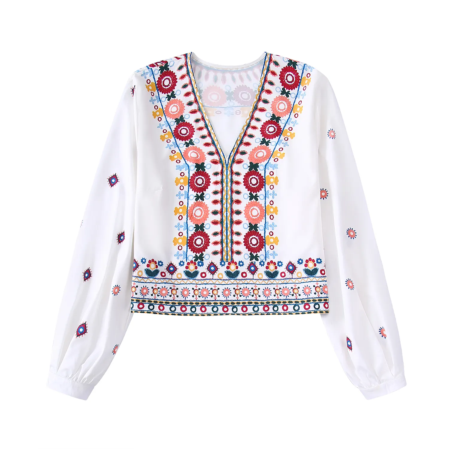 V neck long sleeve cute design multi color floral embroidered women casual blouse & tops