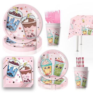 Té Flor Fiesta Té de la leche Fiesta Tema Vajilla Plato de papel Vaso de papel Mantel de tejido Juego de suministros para fiestas - Product Image 1