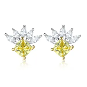 Fashion Studs Silver Jewelry Citrine Yellow Zirconia Shiny Feather Shaped Earring Real Silver Earring Studs for Party