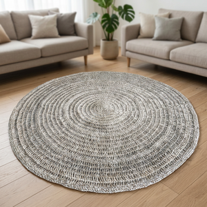 Handmade Agel/Palm <b>Round</b> <b>Carpet</b> with Bohemian-Tribal-Tropical Design Natural White/Black Colors Diameter 100-200 CM - Product Image 3