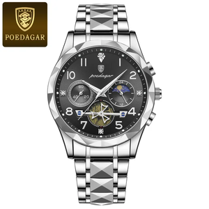 POEDAGAR 972 <span class=keywords><strong>Montre</strong></span>-bracelet chronographe étanche en cuir Bracelet en acier inoxydable <span class=keywords><strong>Montre</strong></span> de luxe à quartz pour hommes - Product Image 2