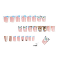 Faux ongles carrés à presser personnalisables en PMMA, courts, base rose pailletée, pointes françaises bleues, décorations 3D fleurs et feuille d'or, pour usage quotidien et fêtes, vente en gros