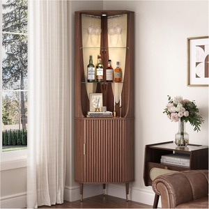 Modern <b>Corner</b> Bar <b>Cabinet</b> Walnut Tall with LED Light Wine Glass Rack Fluted Door Liquor for Living Room - Product Image 1