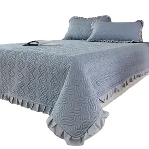 ที่คลุมเตียงผ้าฝ้ายสี่ฤดู,ใหม่ที่คลุมเตียงผ้าคอตตอนลินินสีพื้นผ้าห่มสองหน้ากันลื่นผ้าห่มสามชิ้น