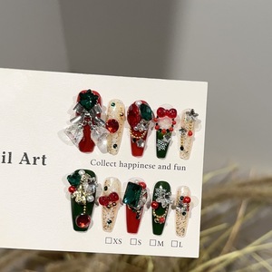 Luxury Red Green Christmas Handmade Press On Nails Heavy Craft Bell Ornament Fake Nail Patches for Festival Nail Art Decor - Product Image 1