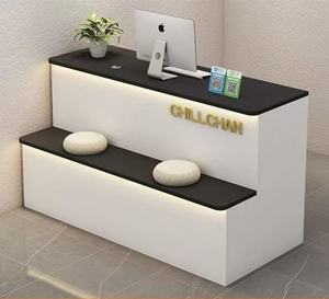 Modern White <b>Reception</b> Desk with Gold Trim and Seating for Salon or Retail Store - Product Image 3