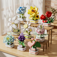 9 Pcs Set Blok Bangunan Mini Bunga dalam Pot Mawar Lily Daisy Lavender Model Tanaman dari Bata dengan Dudukan Kayu Dekorasi DIY Hadiah