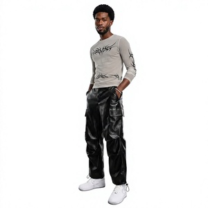 Pantalon Harem Homme en PU Enduit, Mi-lourd, Écologique, Taille Élastique, Multiples Poches, Style Urbain, Noir, Décontracté, Vêtement d'Hiver - Product Image 4