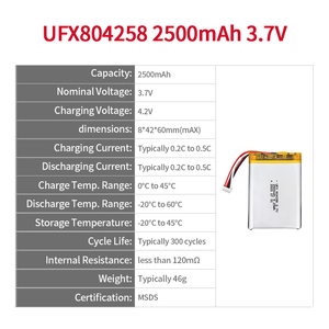 Pin khóa kỹ thuật số Ufine UFX804258 2500mAh <span class=keywords><strong>3.7V</strong></span> <span class=keywords><strong>Lithium</strong></span> Ion <span class=keywords><strong>Polymer</strong></span> 8x42x60mm Bảo hành 12 tháng - Product Image 2