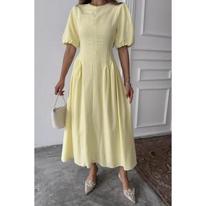 Yellow A-Line Linen Dress O-Neck Puff Sleeve Breathable <b>Wrap</b> <b>Tie</b> Midi Length Women's Dress - Product Image 1