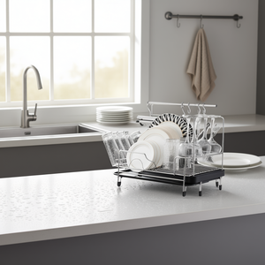 Égouttoir à vaisselle extensible en acier inoxydable avec plateau, égouttoir de cuisine moderne pour assiettes, verres à vin, taille L - Product Image 2