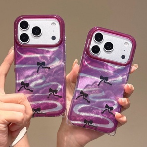 Fashion laser glassy glitter IMD purple bowknot girls mobile <b>phone</b> case for iPhone 15 16 17 pro max shockproof protect cover - Product Image 1