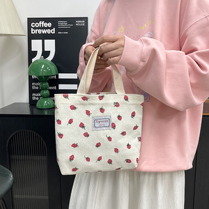 Topvostre Strawberry Print Corduroy Tote <b>Bag</b> White Large Capacity Fashionable Design Everyday Use - Product Image 3