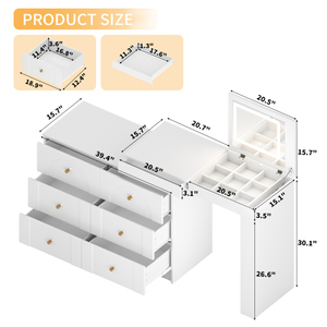 Tocador con Espejo LED e Iluminación, con Compartimentos Plegables Abatibles, Estantes Ajustables y Tapa de Cristal para Dormitorio - Product Image 6
