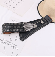 Ceinture Corset Large Femme Style Punk Audacieux en Nylon Noir 120CM avec Boucle Auto-Bloquante et Clous Argentés Brillants – Design Audacieux et Attrayant