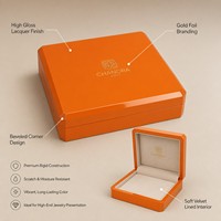 Boîte en bois laquée personnalisée, boîte cadeau, finition orange brillante avec logo en feuille d'or et intérieur doublé de velours pour l'emballage de cadeaux