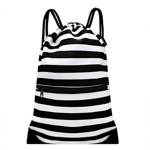 Shagaf Sports Wear Impex Model 06 Nylon <b>Drawstring</b> <b>Backpack</b> 30-40L Cream with Black Zipper Pocket - Product Image 1