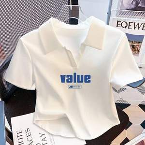 T-shirt côtelé en coton d'été élégant col en V pour femmes mignon à manches courtes pour col <span class=keywords><strong>polo</strong></span> haut épaules régulières polyvalent décontracté Sty - Product Image 4