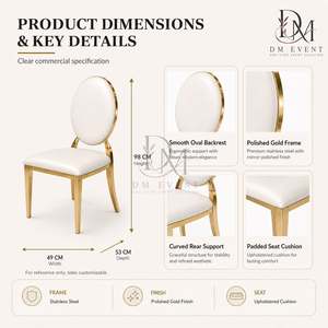 Chaise de mariage ronde rembourrée avec dossier en acier inoxydable doré et coussin blanc pour événements de mariage et banquets - Sièges pour événements - Product Image 5
