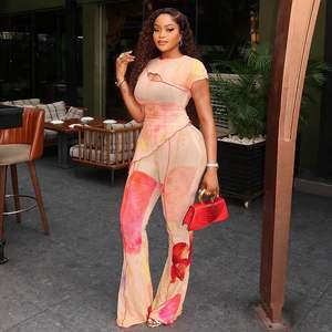 Voikerdr-Conjunto Sexy de dos piezas para mujer, Top de malla asimétrico, pantalones de manga corta con cuello redondo, traje de chifón para primavera y verano - Product Image 3