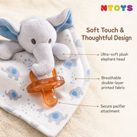 Couverture de confort pour bébé Ntoys en forme d'éléphant avec sucette en silicone, ensemble de jouets apaisants pour bébé, vente en gros de jouets en peluche personnalisés
