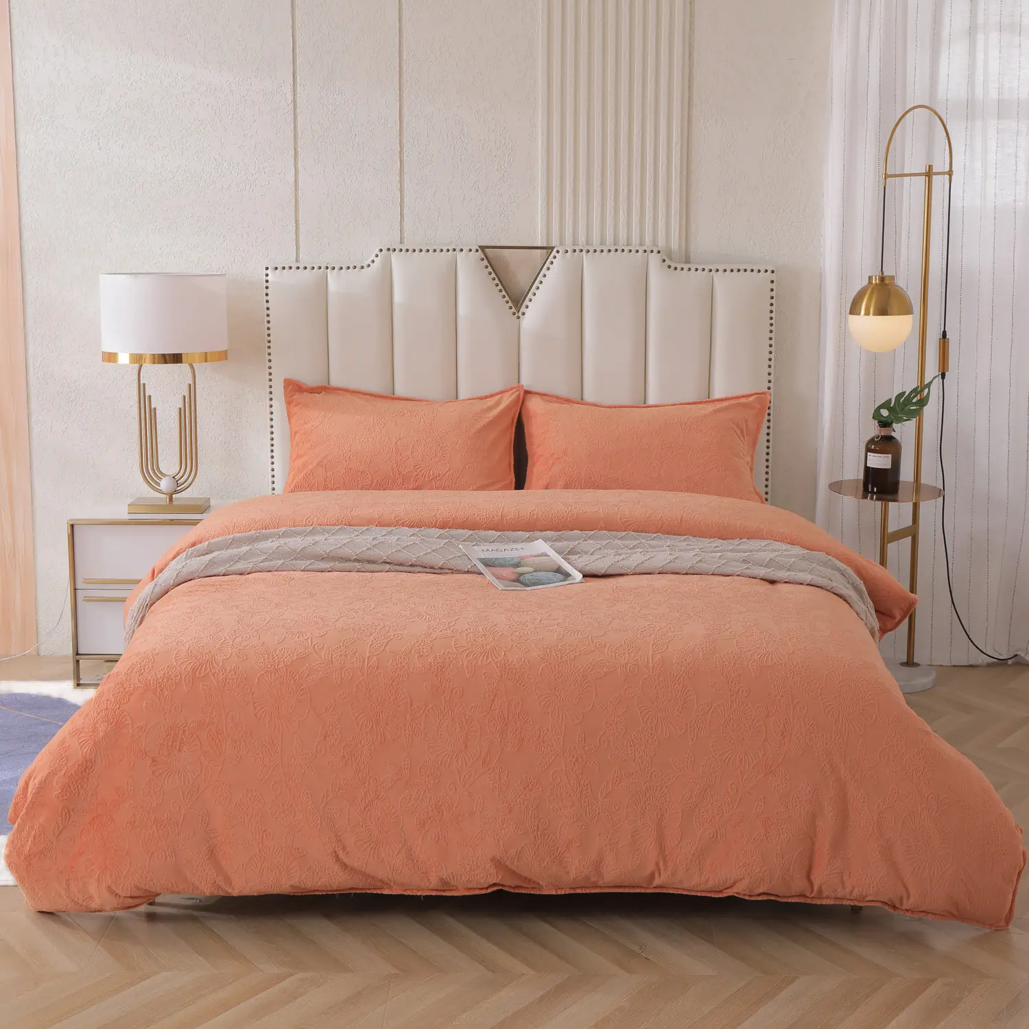 Orange Floral Bedding Sets Wholesale Custom Soft Velvet Queen Duvet Cover Set