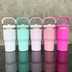 Gobelet de sublimation 20 oz avec paille rabattable, double paroi, sans BPA, en acier inoxydable, anti-fuite, pour enfants, avec poignée supérieure - Entrepôt USA - Product Image 1