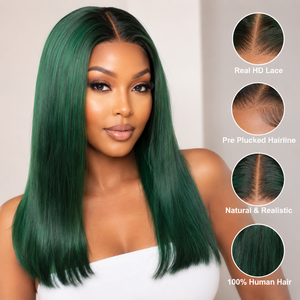 Perruque <span class=keywords><strong>Courte</strong></span> Bob Droite Colorée avec Dentelle HD, Noire et Vert Foncé, Cheveux Humains Non Traités, Perruque Bob <span class=keywords><strong>Courte</strong></span> Sans Colle avec Dentelle Frontale - Product Image 1