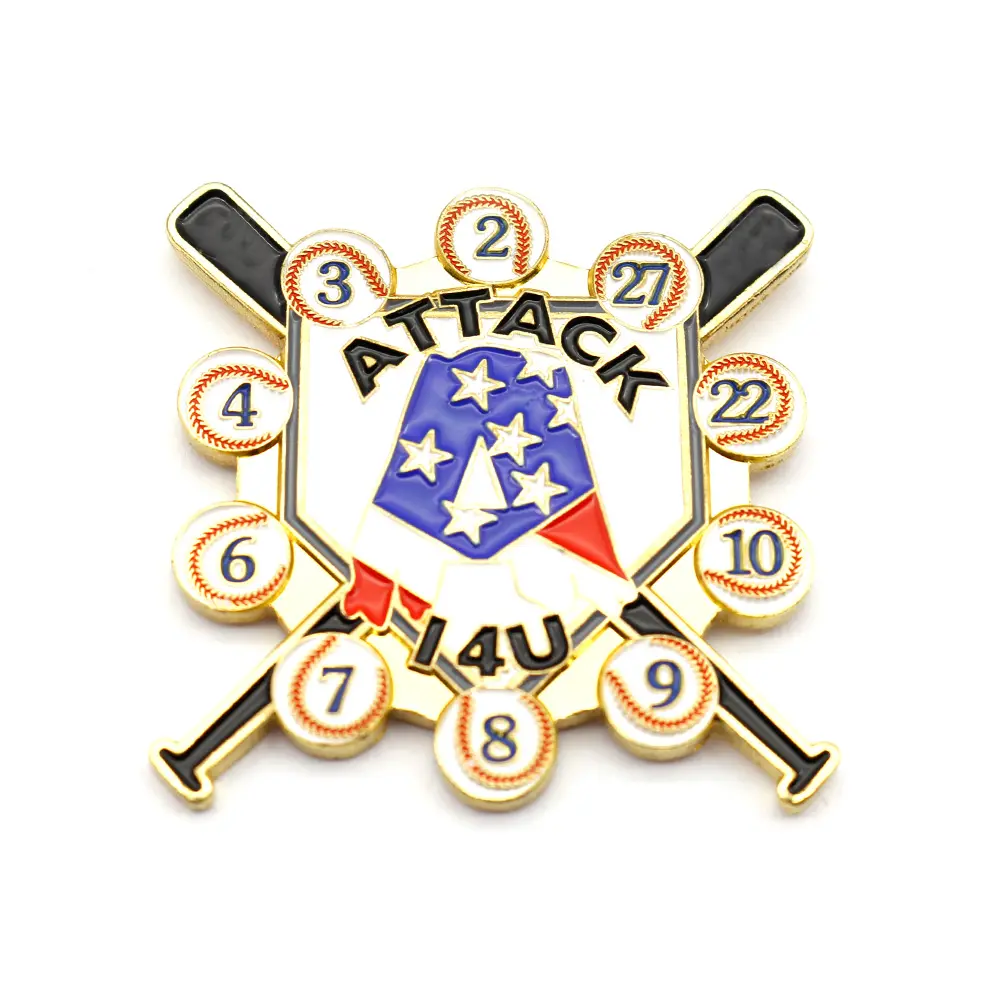 Pin de solapa de equipo deportivo con purpurina esmaltada de Metal, logotipo de insignia, Pin de sombrero de béisbol comercial personalizado para juego