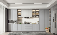 Meuble de cuisine modulaire classique personnalisable en bois peint jaune clair avec évier, marbre et quincaillerie à fermeture douce pour appartement