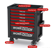 Chariot à outils roulant à 7 tiroirs, poste de travail mobile, armoire à outils avec verrou central et boîte à outils latérale