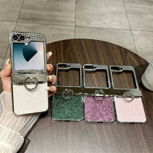 Electroplate Diamond Leather Hinge protection Full Body Shockproof Case for Samsung Galaxy Z Flip 7 FE 6 5 Ring Kickstand Cover