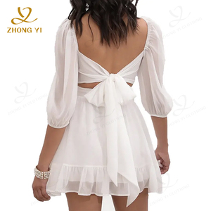 Pabrik Kustom Fashion pakaian musim panas gaun renda kerah wanita kasual elegan sabuk putih lipit gaun Mini - Product Image 3