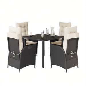 Ensemble de salle à manger de jardin noir avec coussins crème, 4 places, meubles d'extérieur en rotin, design contemporain - Product Image 1