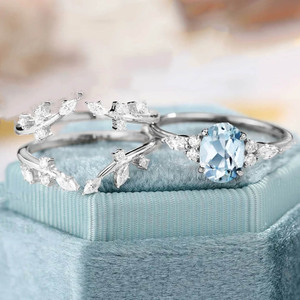 アンティークヴィンテージリーフクラスターエンハンサーリングオーバルローズアクアマリンエンゲージリングセットS925ゴールドマーチ誕生石リング - Product Image 5