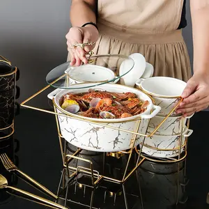 Panci Sup Keramik Nordic, Peralatan Makan Bingkai Besi Porselen Besar dan Mangkuk dengan Isolasi Pemanas