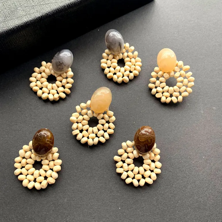 XUS retro resin wooden rice beads woven bamboo earrings bohemian earrings