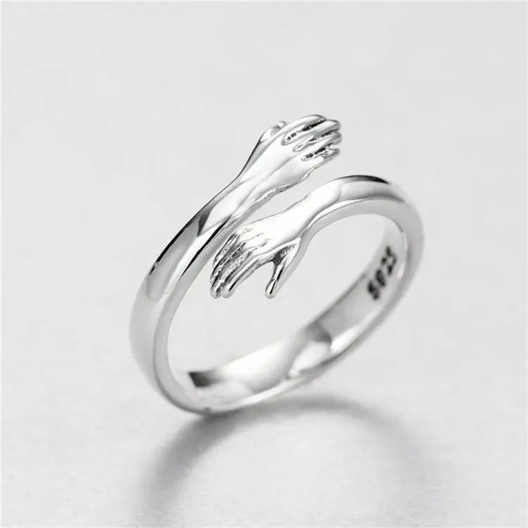 Amazon Hot Selling Resizable Hug Couple Rings Silver Hugging Hands Open Finger Rings For Couple