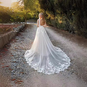 A-Line V-Neck Wedding Dress White Embroidered Organza Tulle Backless Train Natural Waistline JM366 - Product Image 2