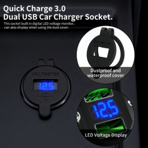 Chargeur USB Quick Charge 3.0, double prise en aluminium avec voltmètre LED bleu et fusible 10A pour voiture, bateau, marine, VTT 12V/24V - Product Image 4