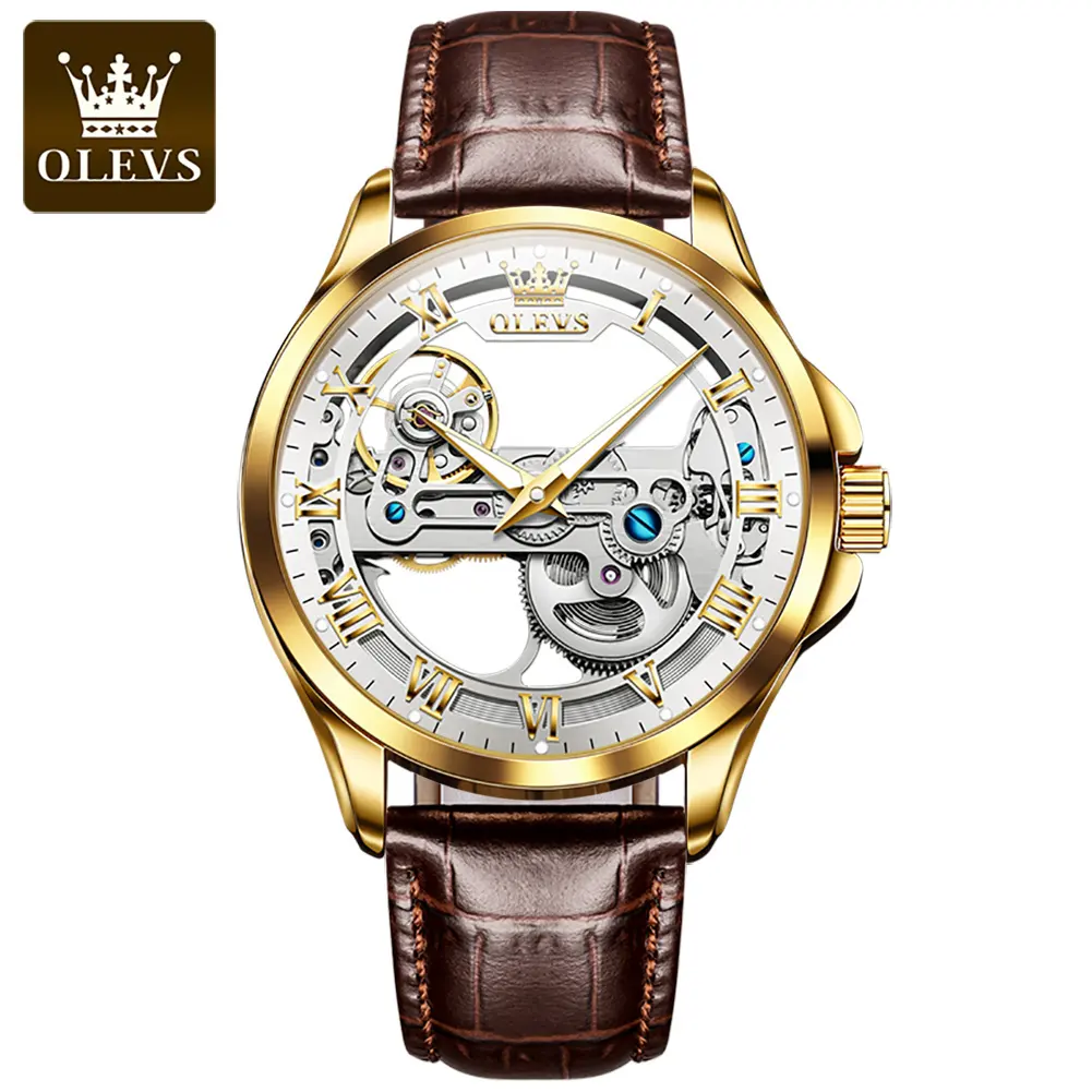 OLEVS 6661 High Quality Genuine Leather Strap Brand Mens Skeleton Watch Wholesale Wrist Watch Mens Mechanical Watches Automatic