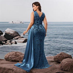 مقاس كبير أنيق مطرز بقصة ضيقة رقبة حرف V أكمام قصيرة سادة بطول الأرض فستان صيفي من الساتان للحفلات وصيفة العروس - Product Image 2