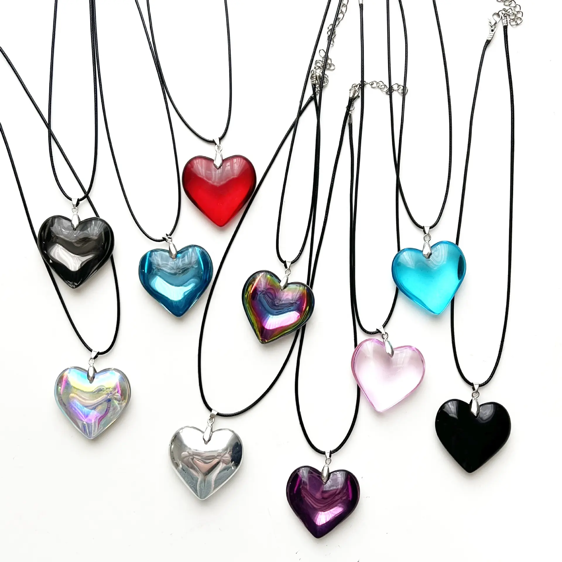 Nieuw Ontwerp Multi Color Acryl Kristal Glas Love Big Heart Hanger Zwart Wax Touw Ketting Voor Vrouwen