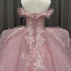 Robe de bal en organza rose, style princesse, avec appliques en dentelle et perles, à volants, décolleté cœur, longueur ras du sol, pour Quinceañera, soirée formelle ou vintage - Product Image 5
