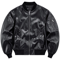 Blouson Bomber Unisexe en PU, Coupe Destructurée Vintage, Coupe-Vent, Fermeture Éclair, Style Motard Tendance, Effet Délavé, Coupe Ample, Automne