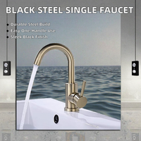 Keran Wastafel Modern Satu Lubang Warna Hitam Bahan Stainless Steel Kontemporer dengan Keramik dan Tuas Tunggal untuk Kamar Mandi